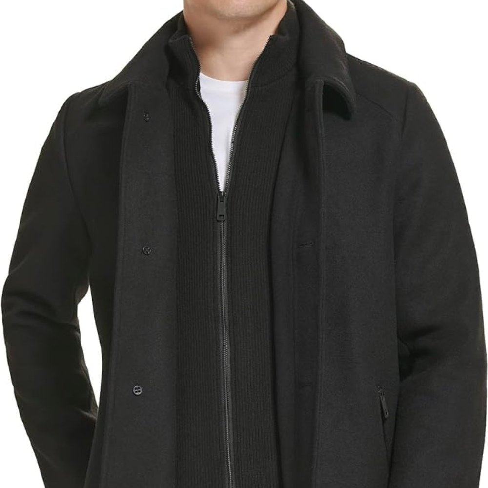 NWT Kenneth Cole Men's Wool Single Breast, Front Inner Quilted Wing Collar Coat